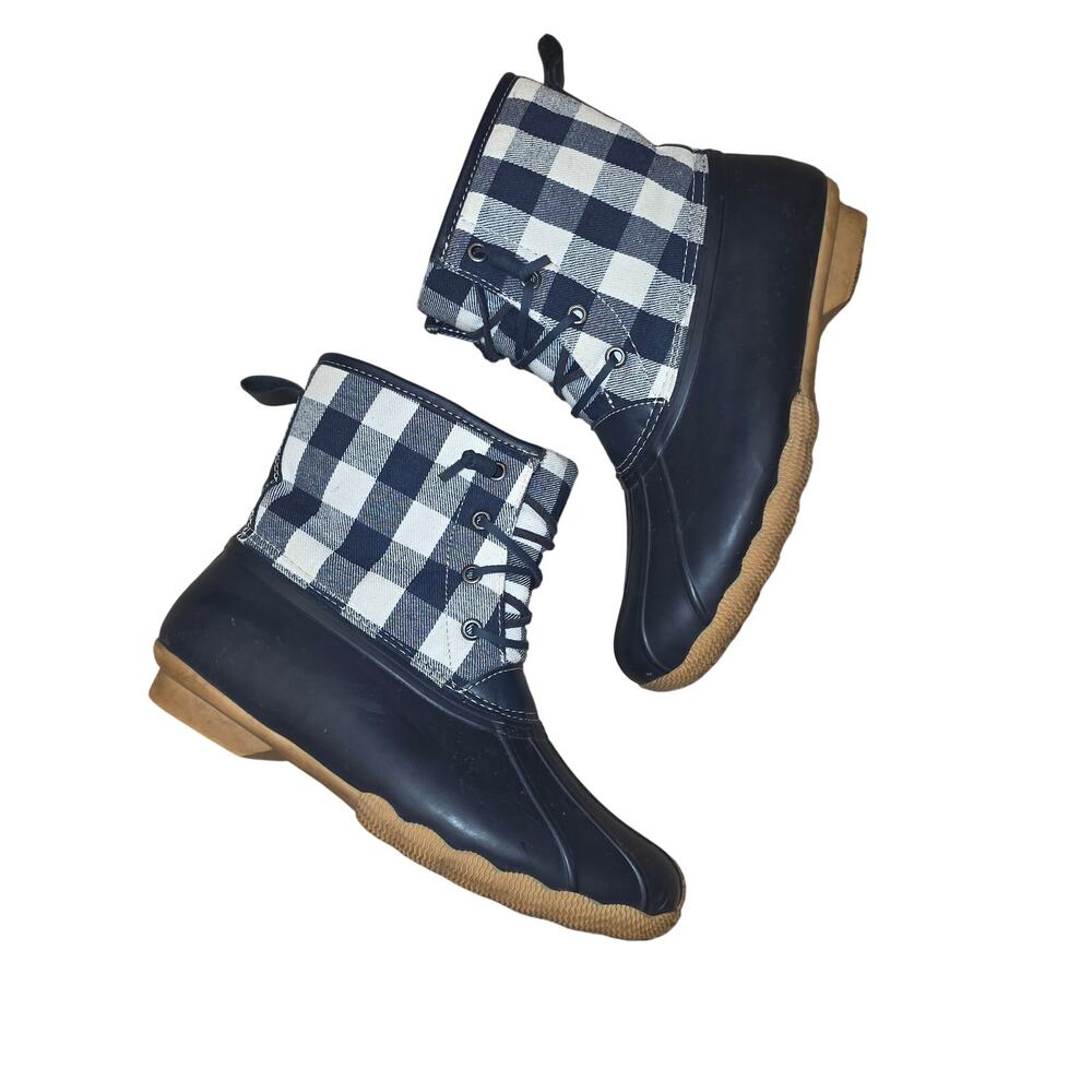 Serra navy and white checkered water proof fleece lined zip up rain boots sz 8
